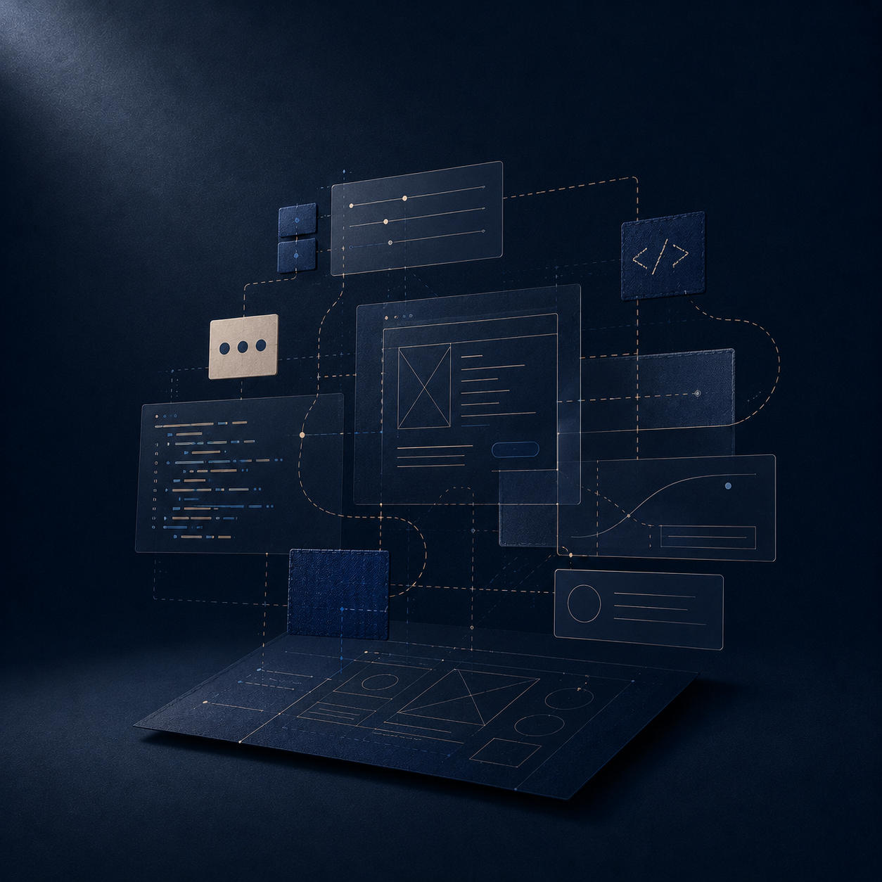 Laptop con UI software, wireframe e blueprint sartoriali fluttuanti