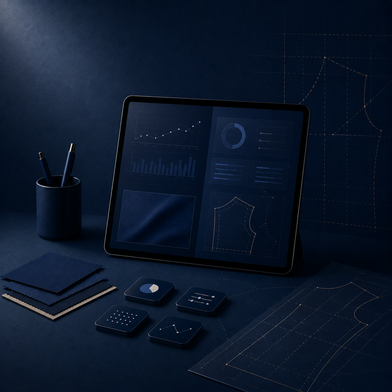 Tablet con dashboard analytics e pattern sartoriali blueprint