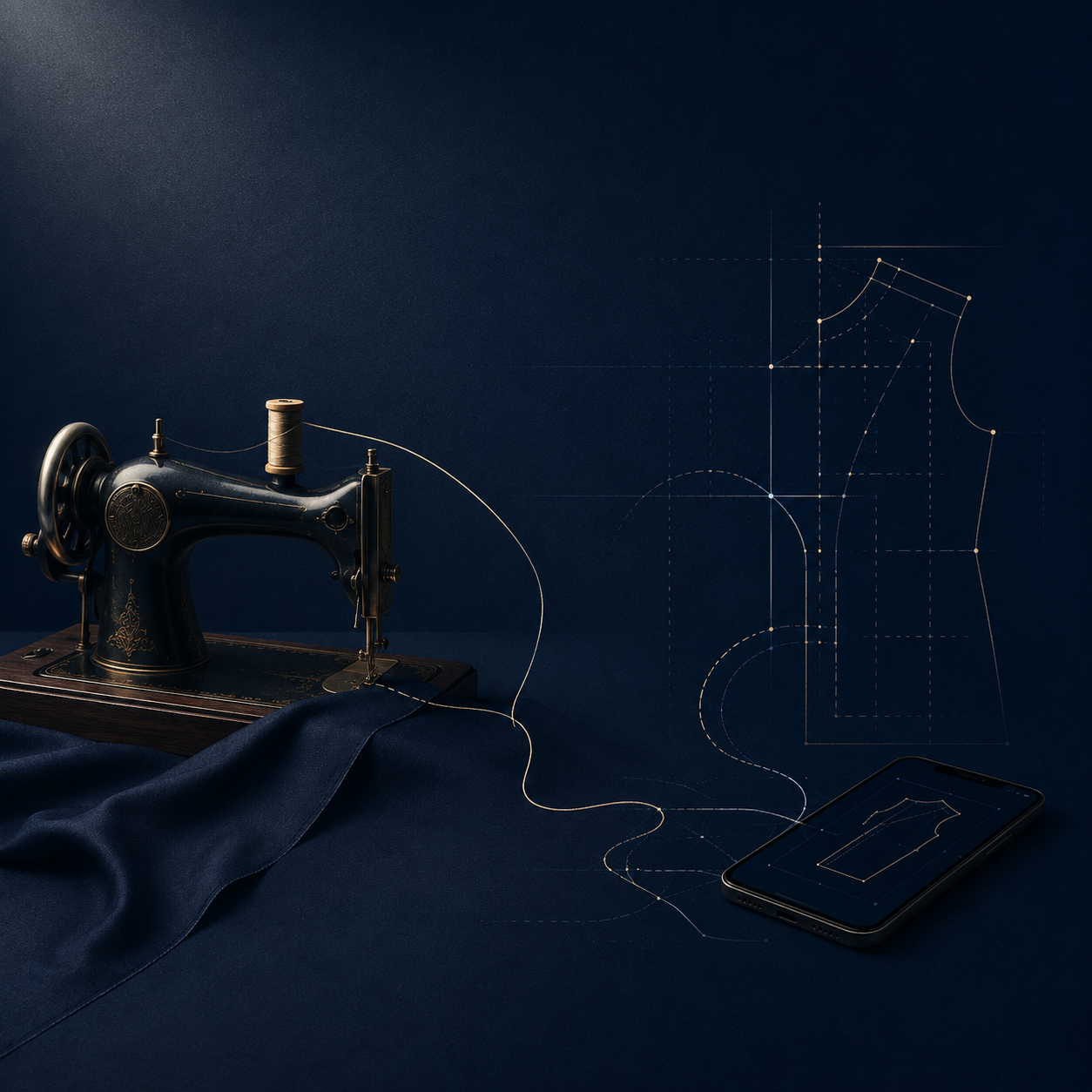 Macchina da cucire vintage che cuce un filo verso uno smartphone con blueprint